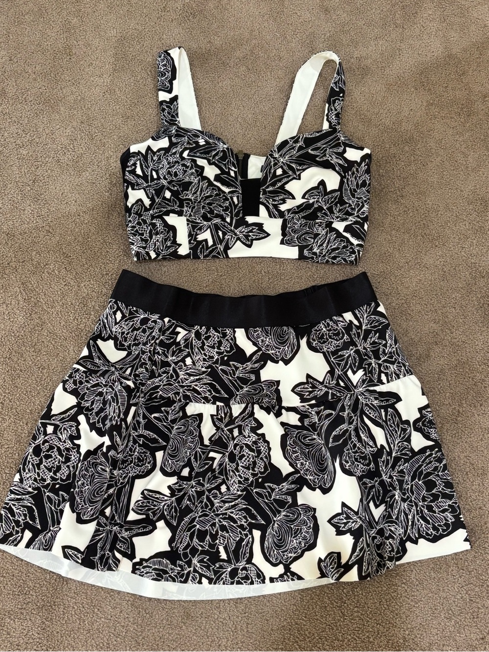 Black & White Floral A-Line Skirt Set Women